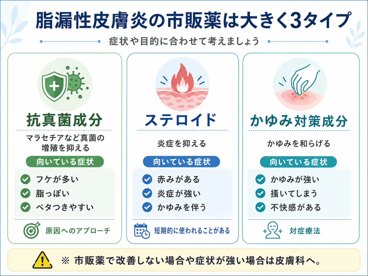 脂漏性皮膚炎の市販薬を抗真菌成分・ステロイド・かゆみ対策成分の3タイプに分けて解説した図