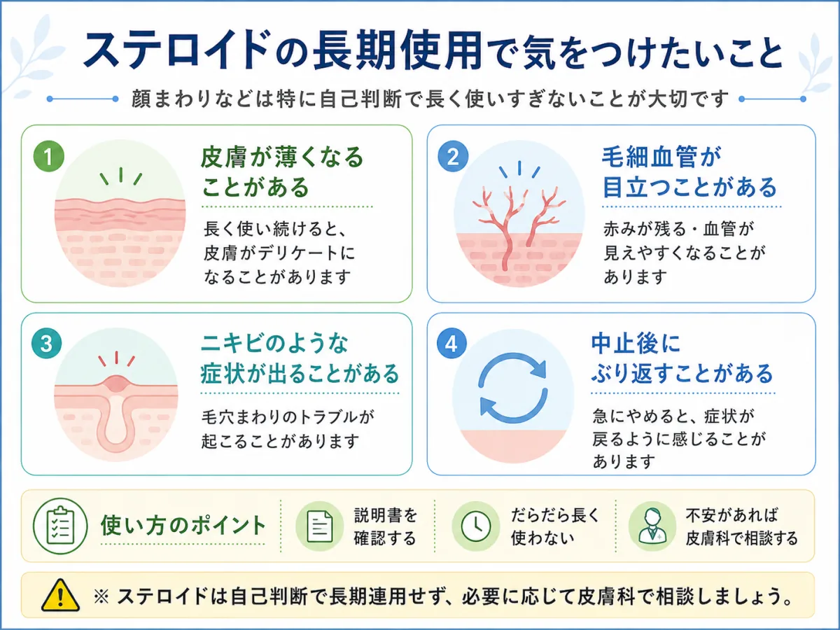 ステロイド外用薬を長期使用する際に注意したい皮膚萎縮や毛細血管拡張などの説明図